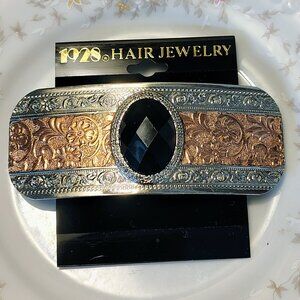 Vintage Rare 1928 Hair Jewelry Barrette Copper Silver Tone Black Cabochon